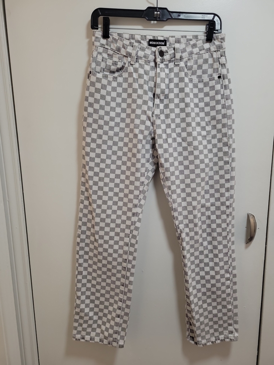 Momokrom Denim - Slim Straight Checkerboard Jeans in Gray and White